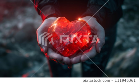 AI-generated content. Mothers love. Womans hands holding heart shaped gemstone. Healthy lifestyle concept - taking care of heart health. 111946361