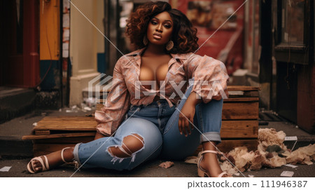 AI-generated content. BBW big black beautiful model sitting at street cafe AI-generated content. BBW big black beautiful model sitting at street cafe 111946387