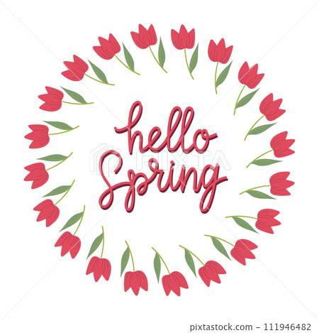 Hand drawn lettering Hello spring card with decorative floral frame, vector illustration for greeting card, invitation template. Retro, vintage lettering banner, poster, background. 111946482