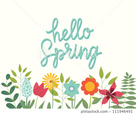 Hello Spring hand sketched card, vector illustration. Lettering spring season with leaves and flowers for greeting card, invitation template. Retro, vintage lettering banner, poster, background. Hello Spring hand sketched card, vector illustration. Lettering spring season with leaves and flowers for greeting card, invitation template. Retro, vintage lettering banner, poster, background. 111946491