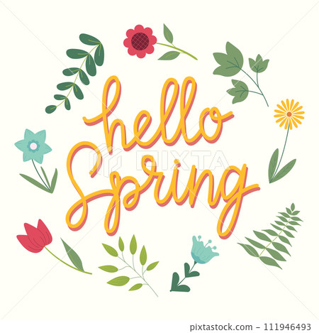 Hand drawn lettering Hello spring card with decorative floral frame, vector illustration for greeting card, invitation template. Retro, vintage lettering banner, poster, background. 111946493