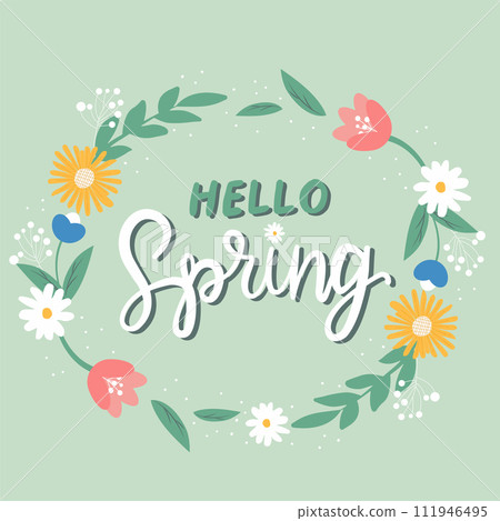 Hello Spring hand sketched card, vector illustration. Lettering spring season with leaves and flowers for greeting card, invitation template. Retro, vintage lettering banner, poster, background. 111946495