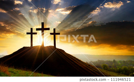 Three Religious Crosses Against a Dramatic Sky at Sunset - Generative Ai Three Religious Crosses Against a Dramatic Sky at Sunset - Generative Ai 111946521