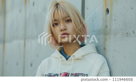 Blonde young female model wearing a hoodie 111946608