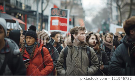Urban crowd on a busy street, people in winter clothes walking. candid city life scene captured in a photograph. AI 111946722