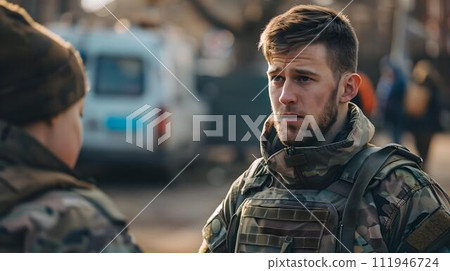 Soldier in conversation during an urban military operation. reflective moment captured, showing the human side of service. everyday heroism on display. AI 111946724