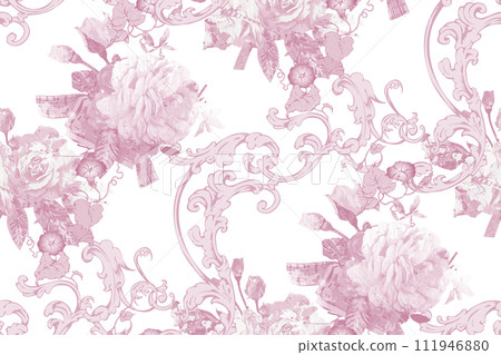 Seamless abstract floral pattern. In style Toile de Jou. Suitable for fabric, mural, wrapping paper and the like Seamless abstract floral pattern. In style Toile de Jou. Suitable for fabric, mural, wrapping paper and the like 111946880