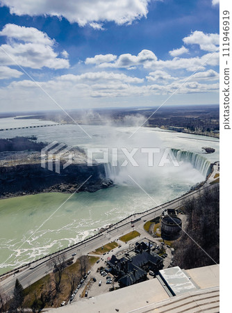 Niagara Falls, Ontario, Canada. Aerial view of Niagara Falls from Skylon Tower, Ontario, Canada. 111946919
