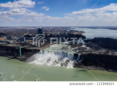 Niagara Falls, Ontario, Canada. Aerial view of Niagara Falls from Skylon Tower, Ontario, Canada. Niagara Falls, Ontario, Canada. Aerial view of Niagara Falls from Skylon Tower, Ontario, Canada. 111946923