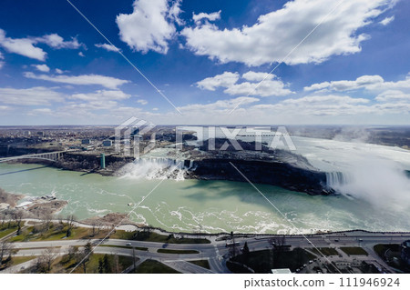 Niagara Falls, Ontario, Canada. Aerial view of Niagara Falls from Skylon Tower, Ontario, Canada. 111946924