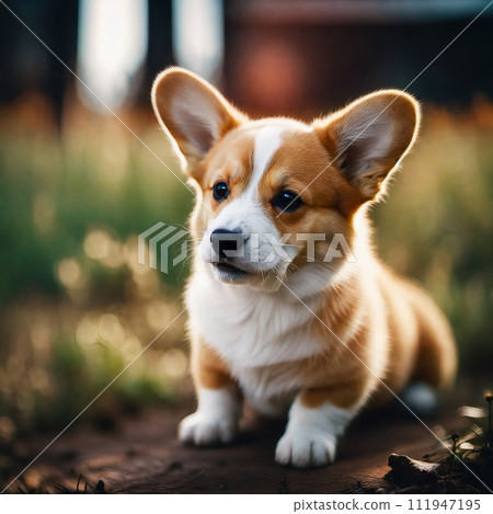 Close up of cute puppy dog welsh corgi sitting on ground 111947195