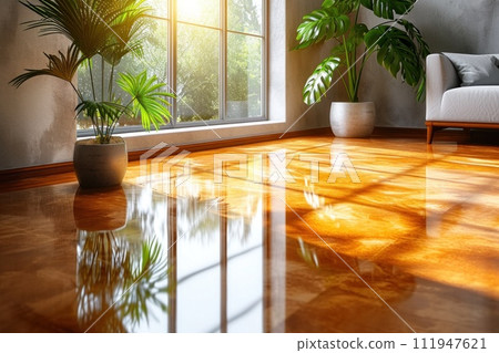Morning sunlight reflected on clean floor Morning sunlight reflected on clean floor 111947621