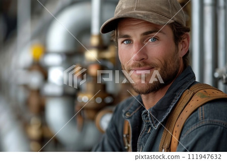 Smiling engineer among industrial lines 111947632