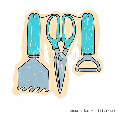 Kitchen tools. Household kitchenware. Utensil for food preparation. Cooking scissors. Vegetable peeler. Metal spoon. Chef ladle. Continuous line simple drawing. Domestic cookware objects vector set Kitchen tools. Household kitchenware. Utensil for food preparation. Cooking scissors. Vegetable peeler. Metal spoon. Chef ladle. Continuous line simple drawing. Domestic cookware objects vector set 111947881