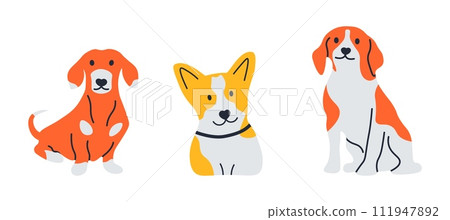 Dogs. Cute funny happy purebred pets. Sitting and standing animal, playful mammals. Adorable puppy. Doodle style, simple drawing. Dachshund and corgi. Cartoon flat style isolated vector illustration 111947892