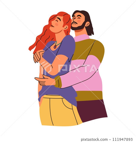 Hugging couple. Happy man and woman hug. Valentine day characters together. Romantic relationships, boyfriend and girlfriend in love. Cartoon flat style isolated people on date. Vector illustration Hugging couple. Happy man and woman hug. Valentine day characters together. Romantic relationships, boyfriend and girlfriend in love. Cartoon flat style isolated people on date. Vector illustration 111947893