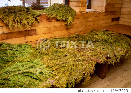 Wooden canopy in the sauna covered with spruce brooms Wooden canopy in the sauna covered with spruce brooms 111947903