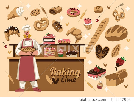 Baker in bakery. Bread shop or cafe. Bake bun, muffin, cream, shop loaf, set pastry, business design food, icons kitchen cartoon flat style, restaurant cake breakfast. Vector isolated illustration 111947904