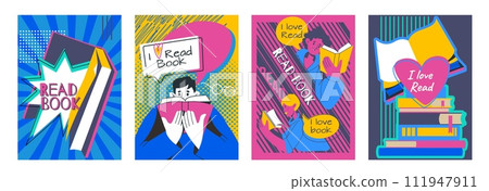 Love books poster. People read literature. School studying. Magazine reader. Students education. Summer pattern fun. Academic textbooks. Bookworms hobby. Bookstore cards. Vector collage banners set 111947911
