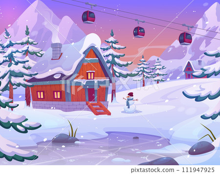 Ski resort. Canada cartoon landscape. Snowy trees. Mountain summits. Skiing ropeway lift. Sky light. Wooden house. Alpine rock glacier. Winter travel. Frozen ice lake. Pine forest. Vector illustration 111947925