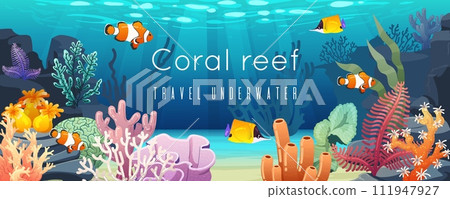 Coral reef, underwater background. Undersea ocean animal poster, aquarium tropical fish, sea banner, summer art nature water, travel swimming. Nature landscape. Vector colorful cartoon illustration 111947927