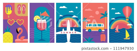 Summer beach fun poster. Holiday party. Abstract pattern. Vacation at sea. Tropical event. Cocktail and exotic fruits. Summertime travel tour. Auto van trip. Geometric design frame. Vector banners set 111947930