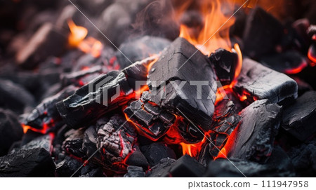 Burning firewood and coals of a fire close up Burning firewood and coals of a fire close up 111947958