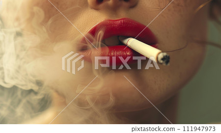 Close-Up of Red Lips Smoking a Cigarette Close-Up of Red Lips Smoking a Cigarette 111947973