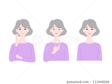 Upper body illustration set of a beautiful and clean senior woman's worries, joys, and a straight face Upper body illustration set of a beautiful and clean senior woman's worries, joys, and a straight face 111948006