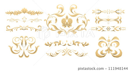 Decorative frame ornamental parts. Luxury monogram and text border stickers, wedding invitation and certificate frame stickers. Vector isolated set 111948144