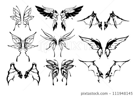 Fairy wings tattoo. Cute butterfly and butterfly wing silhouettes, fantasy magic winged creature body parts for tattoo design. Vector isolated set 111948145