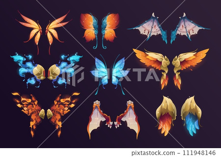 Fantasy wings. Cartoon pair of fairy bat and butterfly wings, magic angel and fairy tale creature elements for graphic design. Vector isolated set 111948146