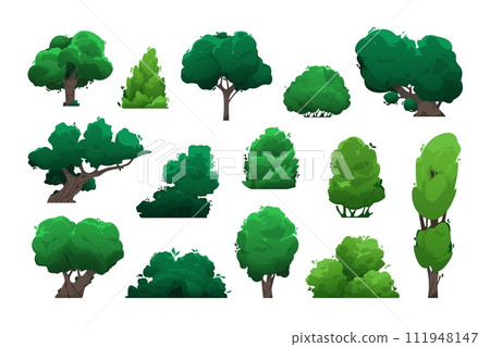 Cartoon trees and bushes. Green shrubs and deciduous trees for park landscaping, plant topiary with foliage. Vector isolated set 111948147