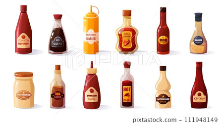 Cartoon sauces. Different ketchup mustard mayo soy sauce, sweet and spicy food condiments in bottles and jars. Vector colorful set 111948149