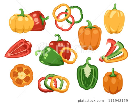 Sliced bell pepper. Fresh raw red green yellow capsicum vegetable, top view of sliced ripe organic spicy paprika, healthy vegan food. Vector collection Sliced bell pepper. Fresh raw red green yellow capsicum vegetable, top view of sliced ripe organic spicy paprika, healthy vegan food. Vector collection 111948159