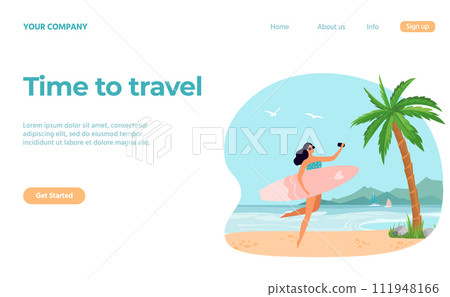 Travel concept landing web page, girl with surfboard 111948166