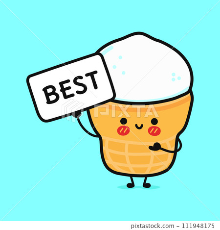 Cute Ice cream with poster best. Vector hand drawn cartoon kawaii character illustration icon. Isolated on blue background. Ice cream think concept 111948175