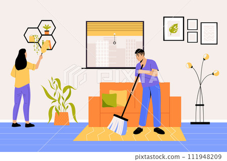 Man and woman doing household chores, domestic activities Man and woman doing household chores, domestic activities 111948209