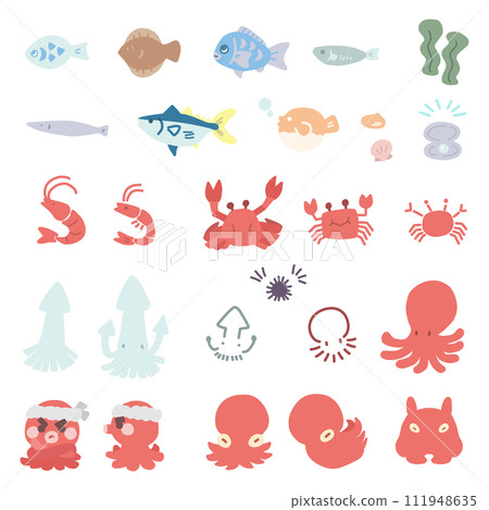 An illustration set of simple deformed sea creatures such as various fish and octopuses. 111948635