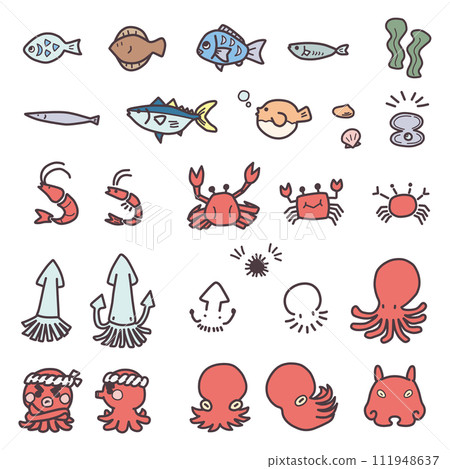 一組簡單變形的海洋生物（例如各種魚和章魚）的插圖。 111948637