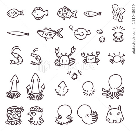 一組簡單變形的海洋生物（例如各種魚和章魚）的插圖。 111948639