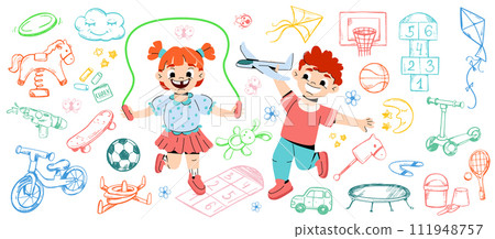 Daycare doodle icons, cartoon children play at playground kids with toys, sport elements Daycare doodle icons, cartoon children play at playground kids with toys, sport elements 111948757