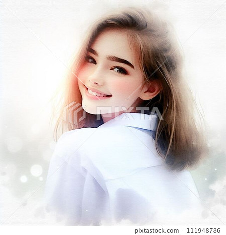 這是一幅由 AI 生成的水彩風格美麗女子插圖圖像。它非常可愛而且透明。 111948786