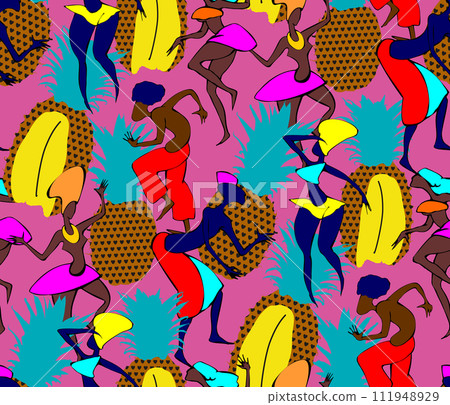 Colorful seamless pattern with application dancing african people and pineapple for your design Colorful seamless pattern with application dancing african people and pineapple for your design 111948929