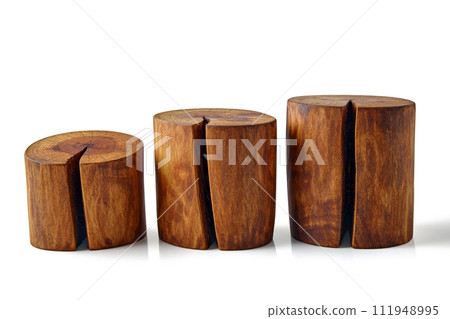 Three sawn brown tree trunks with knots and cracks isolated on a white background. Podium for demonstrating the advertised product Three sawn brown tree trunks with knots and cracks isolated on a white background. Podium for demonstrating the advertised product 111948995