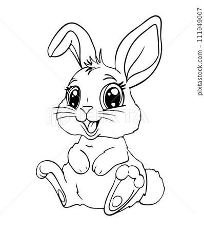 Cute little happy baby bunny with big eyes, Easter coloring page for children. Line vector illustration isolated on white background. 111949007