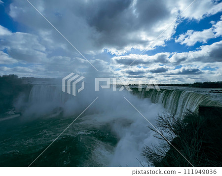 Niagara Falls, Ontario, Canada. Niagara Falls is the largest waterfall in the world. Beautiful view fro the ground near waterfall Niagara Falls, Ontario, Canada. Niagara Falls is the largest waterfall in the world. Beautiful view fro the ground near waterfall 111949036