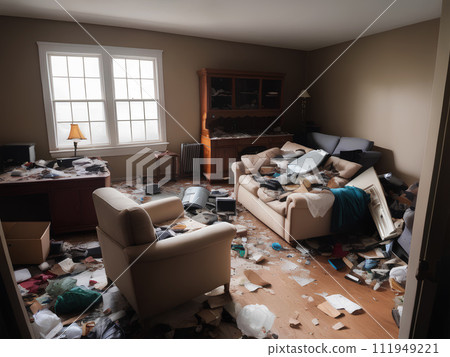 Photograph of a cluttered living space filled with trash debris broken furniture 111949221