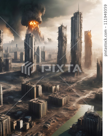 Bird view landscape of doomsday broken deserted city 111949359