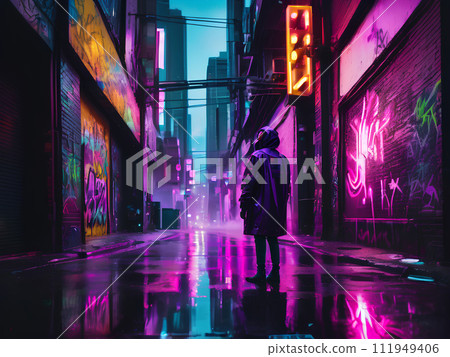 Landscape illustration of neon vaporwave cyberpunk street with graffiti on wall Landscape illustration of neon vaporwave cyberpunk street with graffiti on wall 111949406